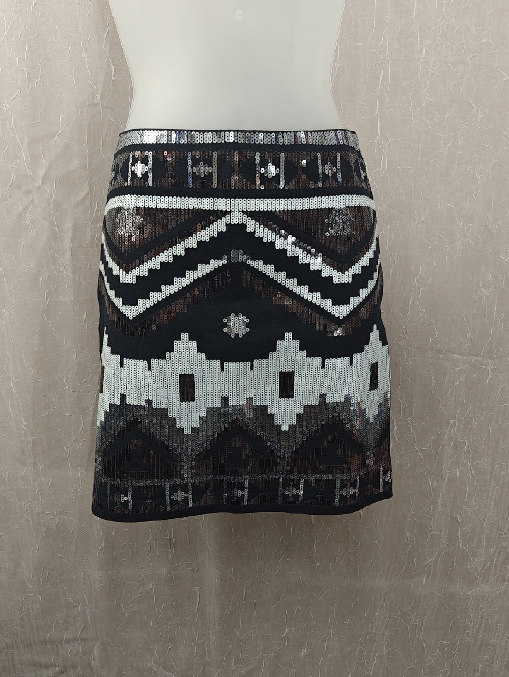 Express Black Mini Skirt with Silver Sequin Geometric Design
